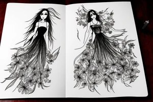 a woman in a long dress surrounded with red spider lilies tattoo idea