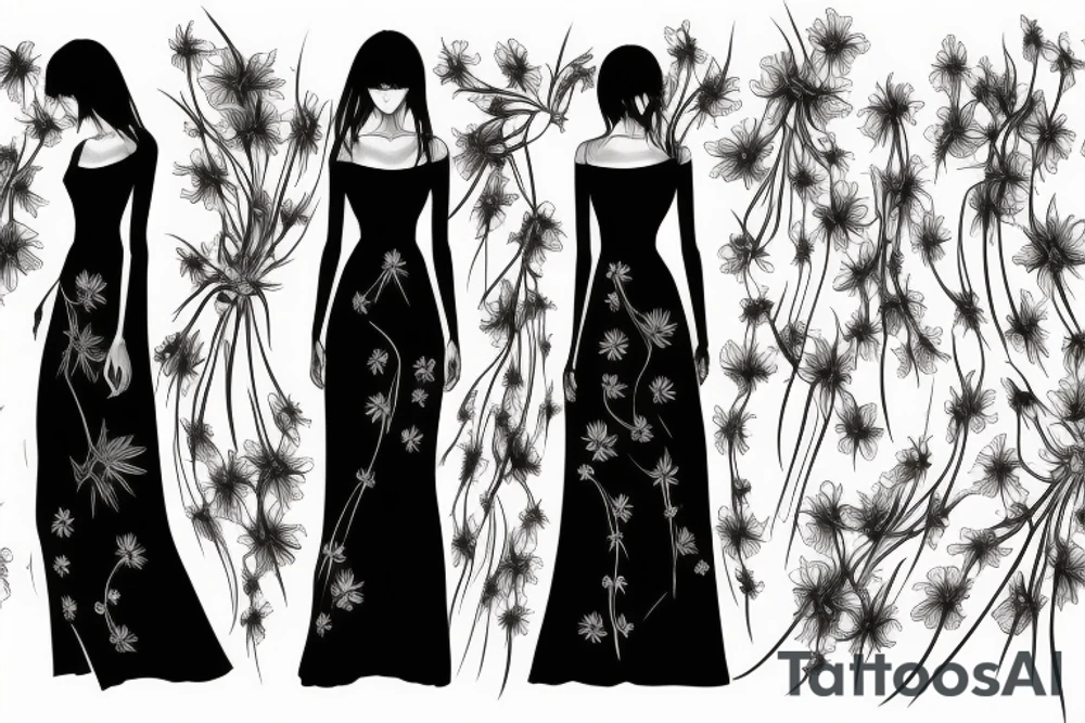 a woman in a long dress surrounded with red spider lilies tattoo idea
