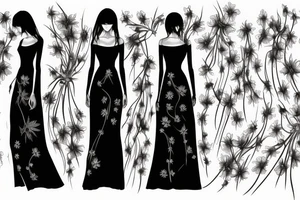 a woman in a long dress surrounded with red spider lilies tattoo idea