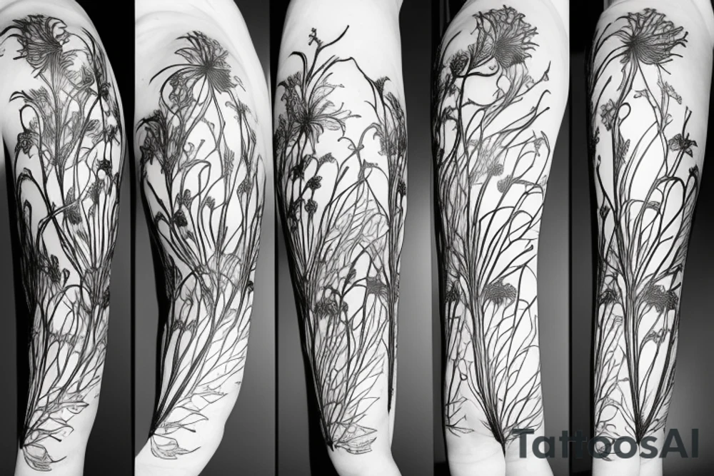 a woman in a long dress surrounded with red spider lilies tattoo idea