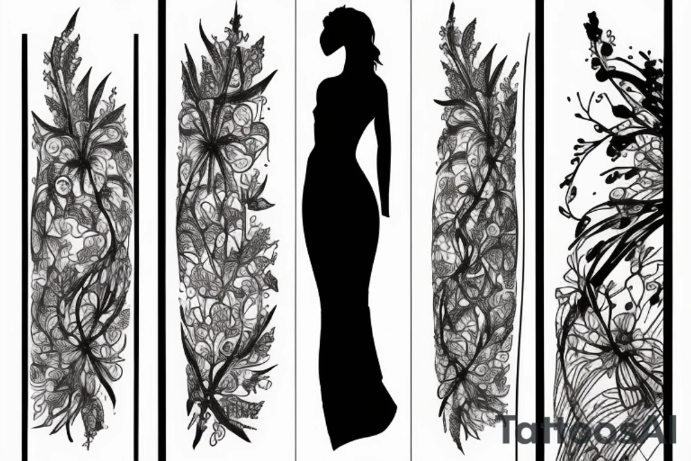 a woman in a long dress surrounded with red spider lilies tattoo idea