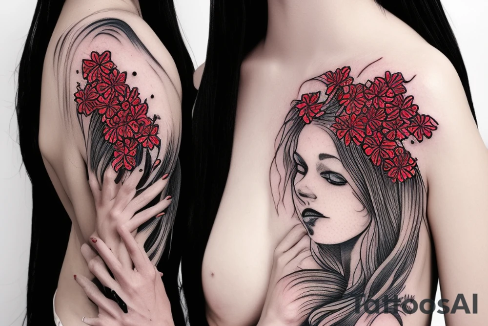 a woman in a long dress surrounded with red spider lilies tattoo idea