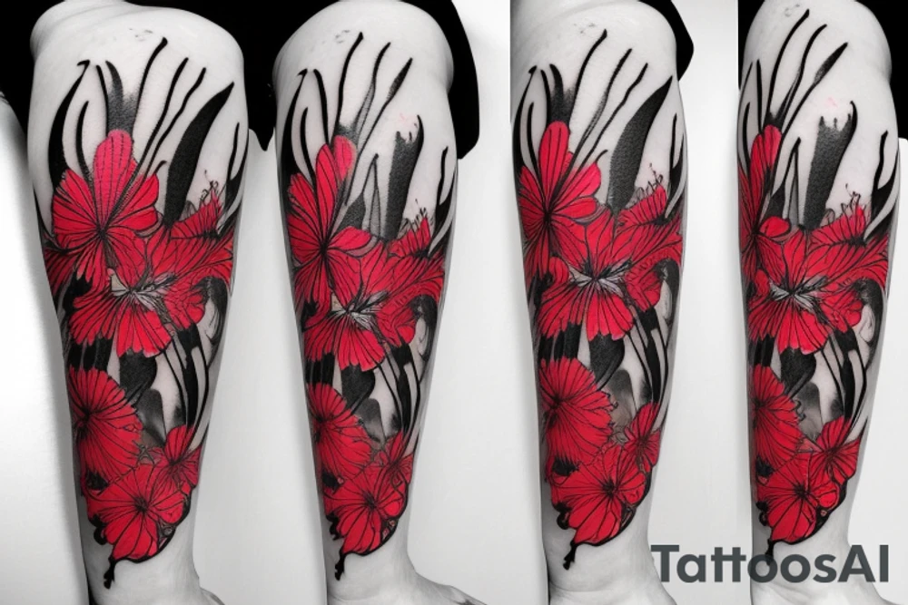 a woman in a long dress surrounded with red spider lilies tattoo idea