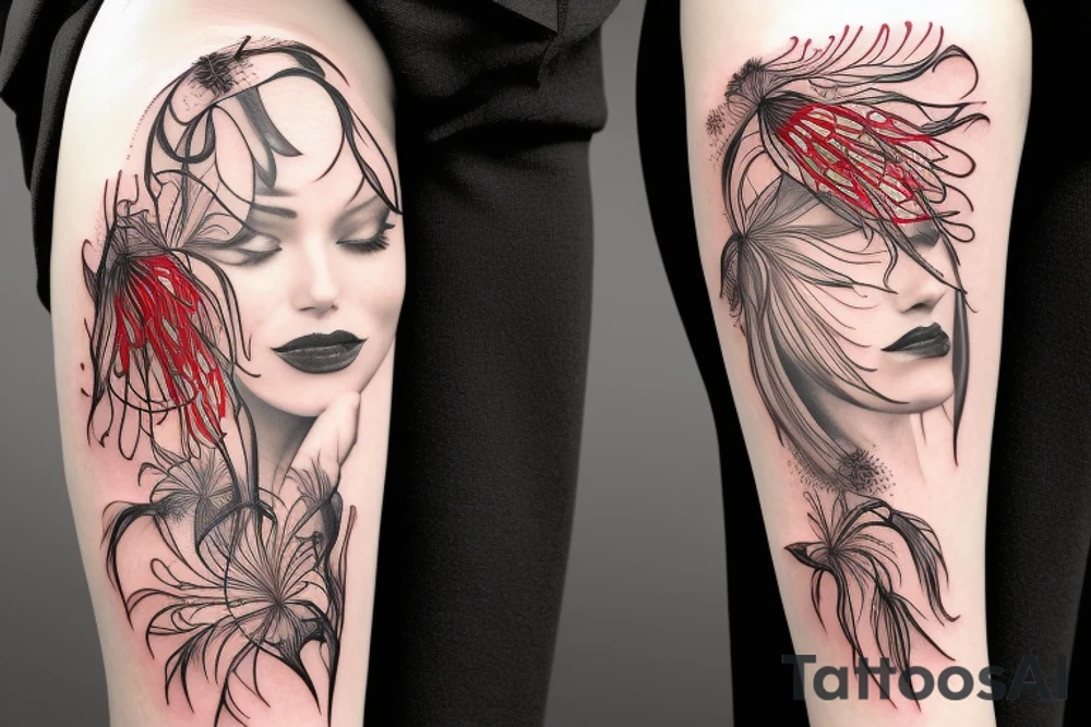 a woman in a long dress surrounded with red spider lilies tattoo idea