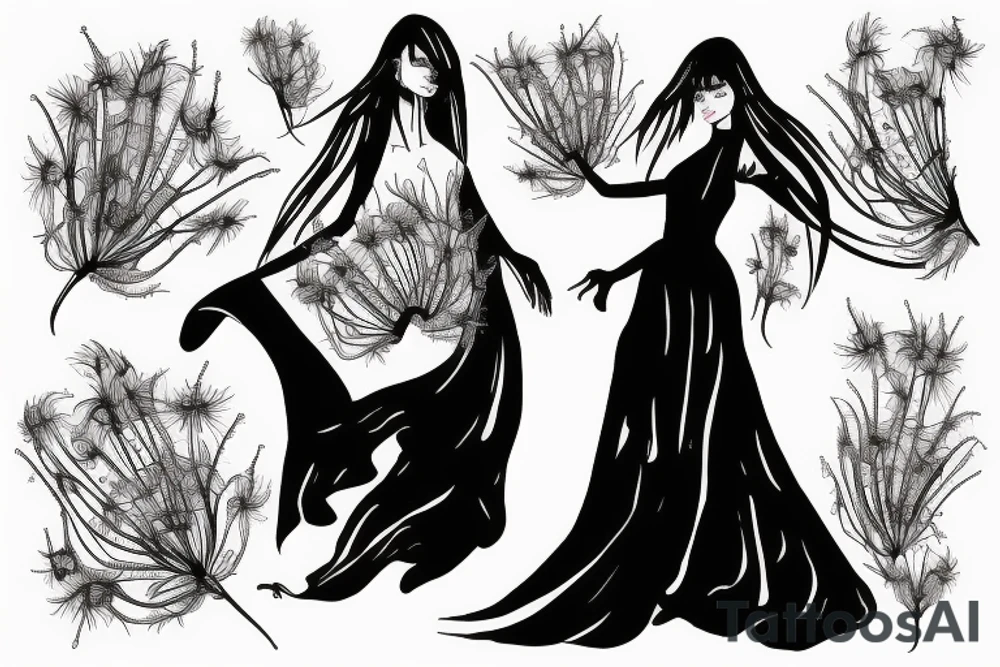 a woman in a long dress surrounded with red spider lilies tattoo idea