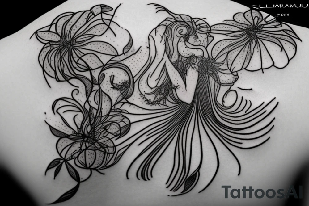 a woman in a long dress surrounded with red spider lilies tattoo idea