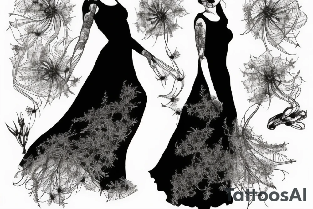 a woman in a long dress surrounded with red spider lilies tattoo idea