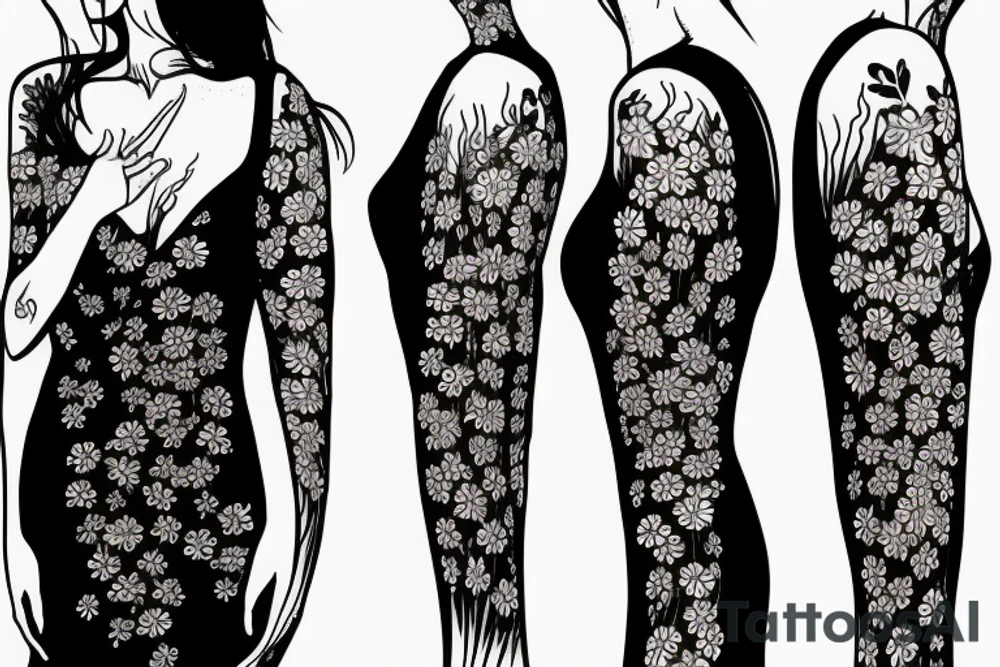 a woman in a long dress surrounded with red spider lilies tattoo idea