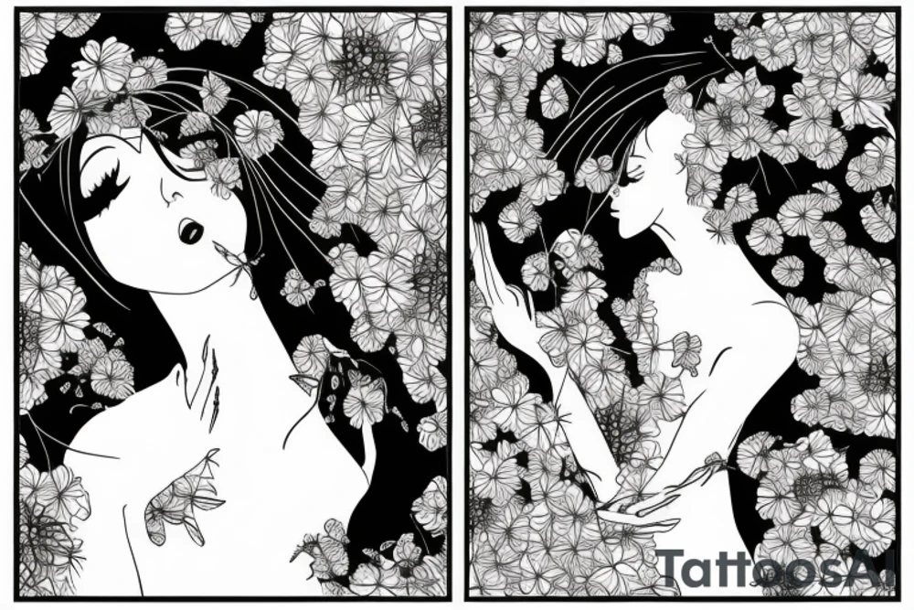 a woman in a long dress surrounded with red spider lilies tattoo idea