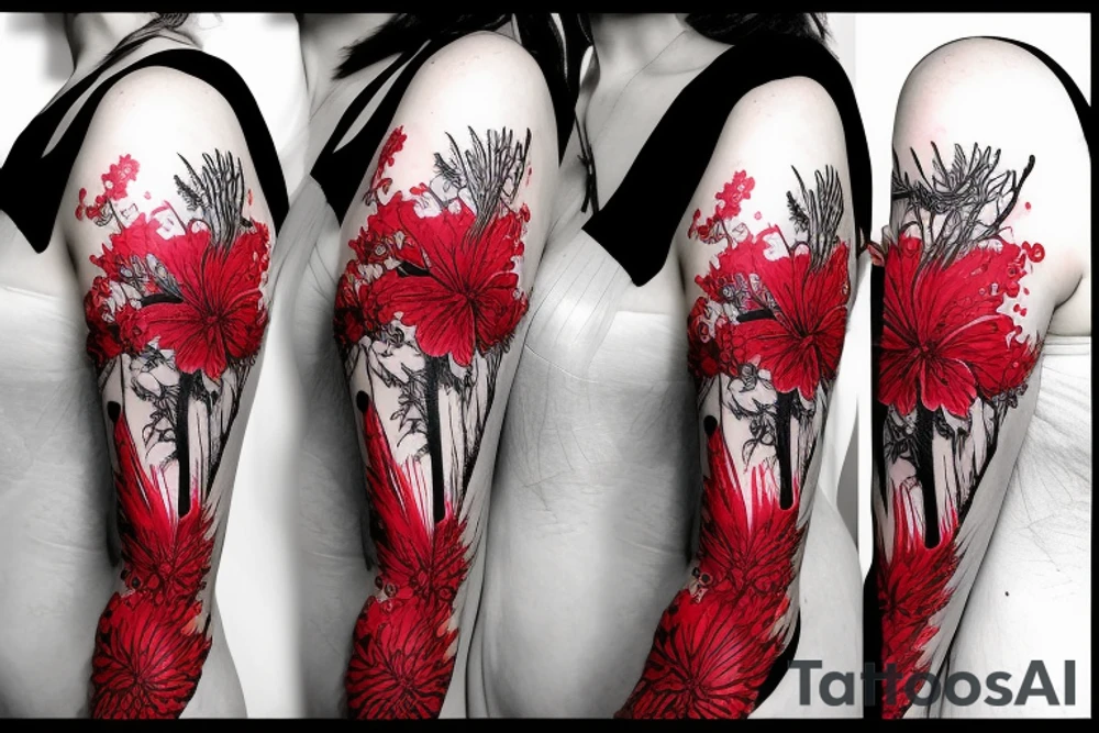 a woman in a long dress surrounded with red spider lilies tattoo idea