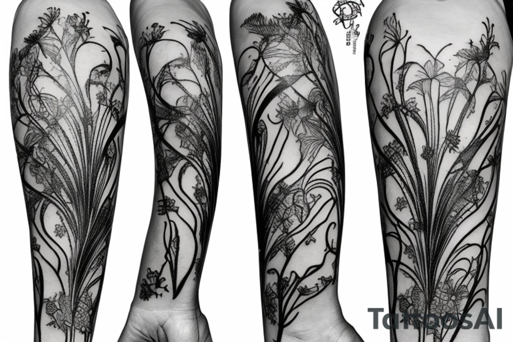 a woman in a long dress surrounded with red spider lilies tattoo idea