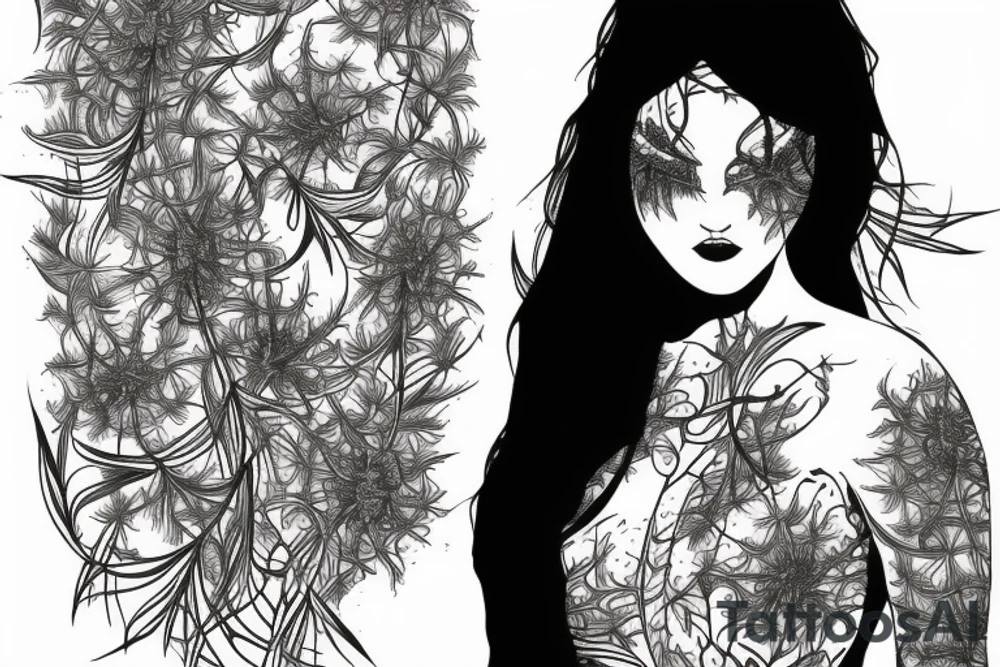 a woman in a long dress surrounded with red spider lilies tattoo idea