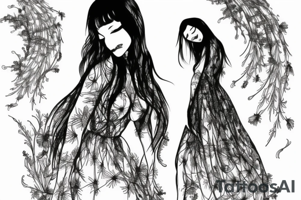 a woman in a long dress surrounded with red spider lilies tattoo idea