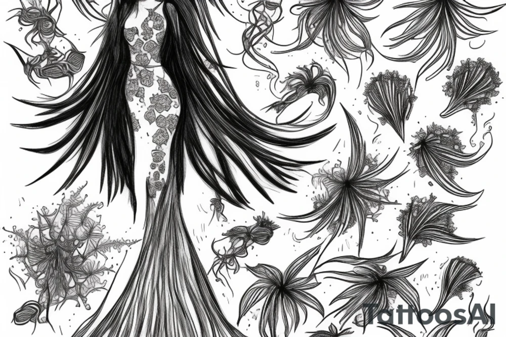a woman in a long dress surrounded with red spider lilies tattoo idea