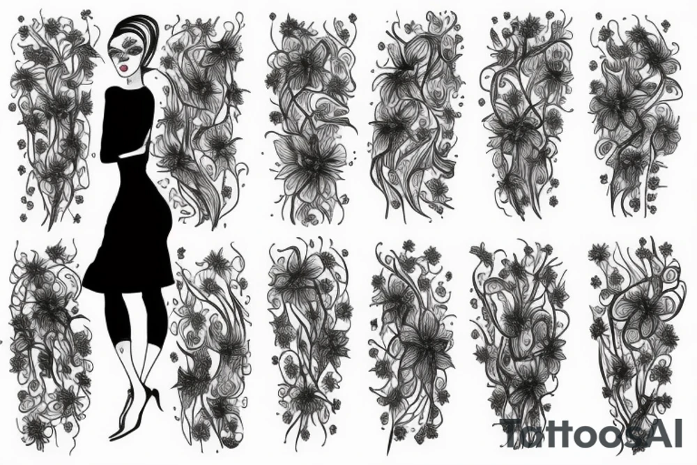 a woman in a long dress surrounded with red spider lilies tattoo idea