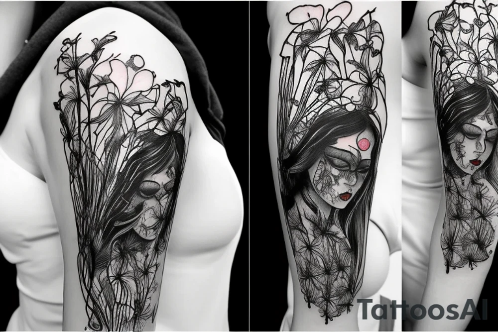 a woman in a long dress surrounded with red spider lilies tattoo idea