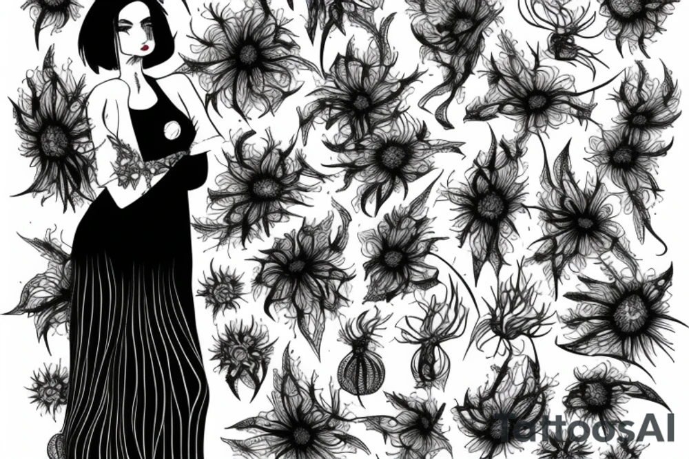 a woman in a long dress surrounded with red spider lilies tattoo idea