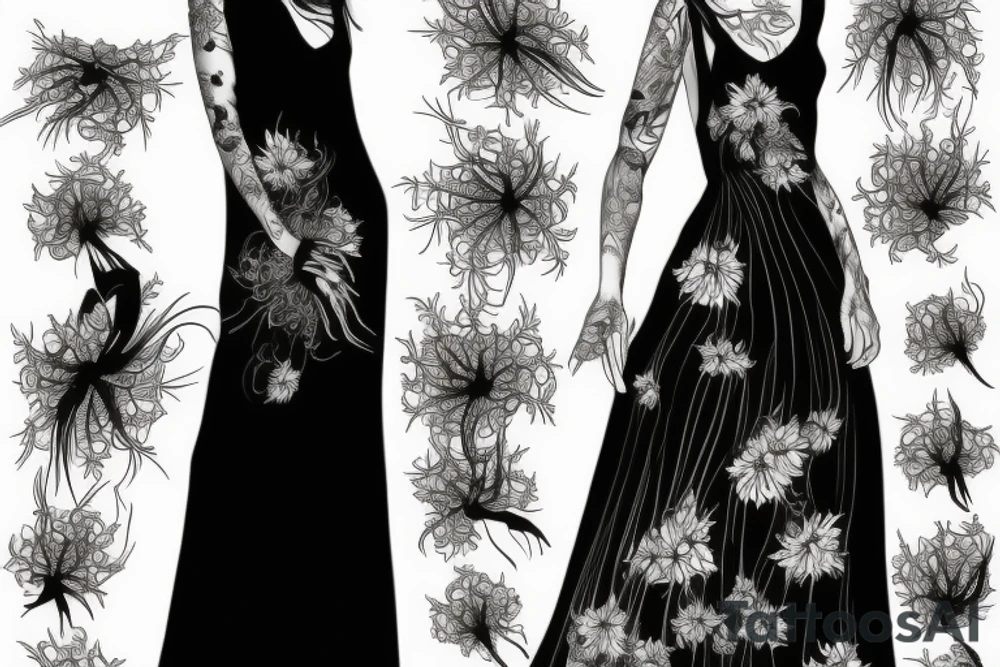 a woman in a long dress surrounded with red spider lilies tattoo idea