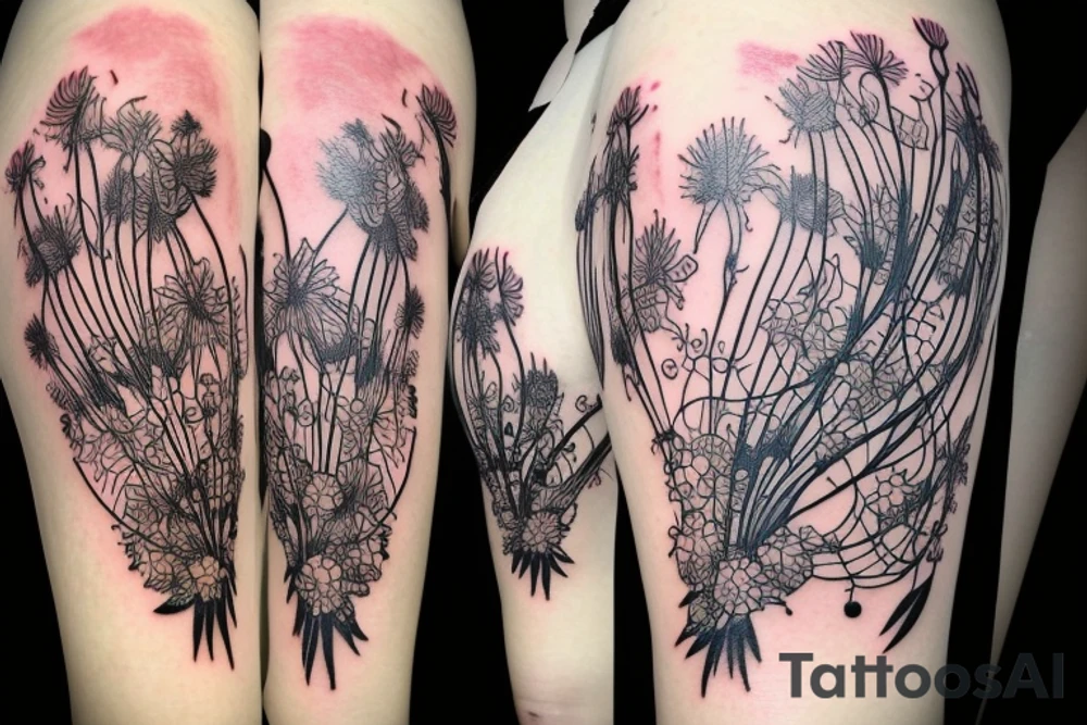 a woman in a long dress surrounded with red spider lilies tattoo idea