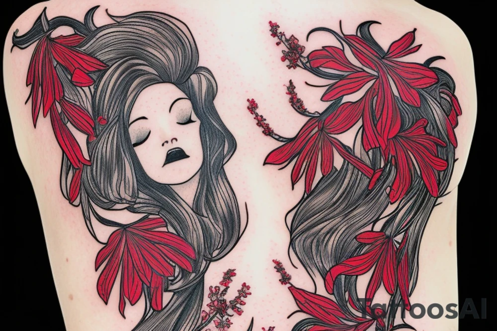 a woman in a long dress surrounded with red spider lilies tattoo idea