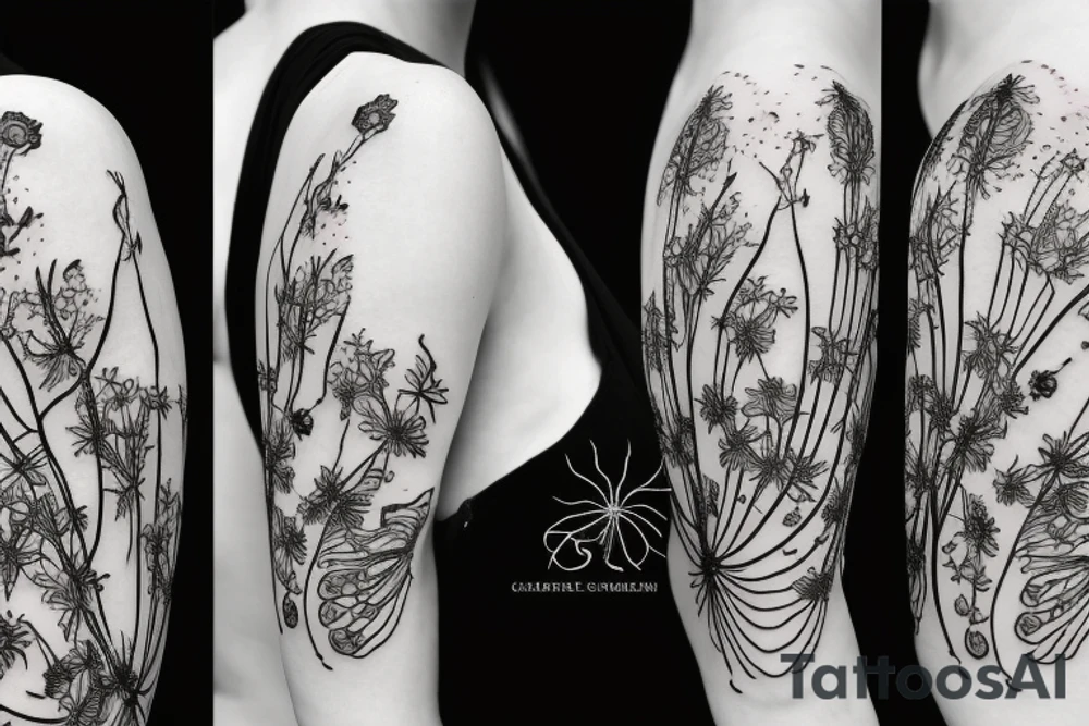 a woman in a long dress surrounded with red spider lilies tattoo idea