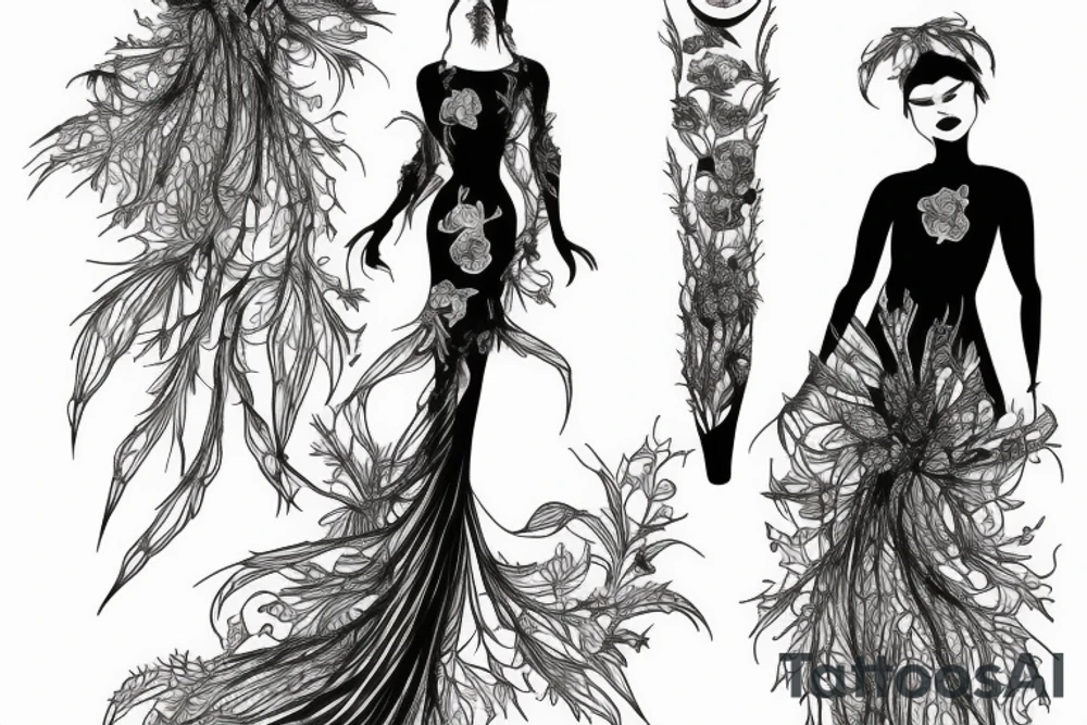 a woman in a long dress surrounded with red spider lilies tattoo idea