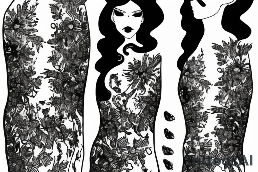 a woman in a long dress surrounded with red spider lilies tattoo idea