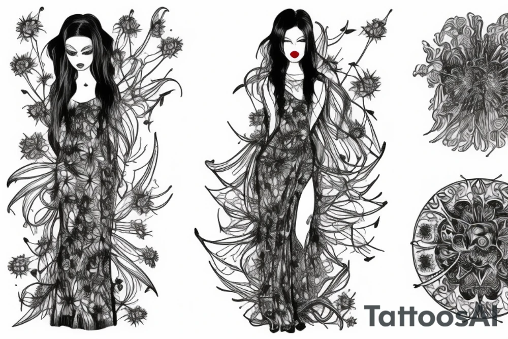 a woman in a long dress surrounded with red spider lilies tattoo idea