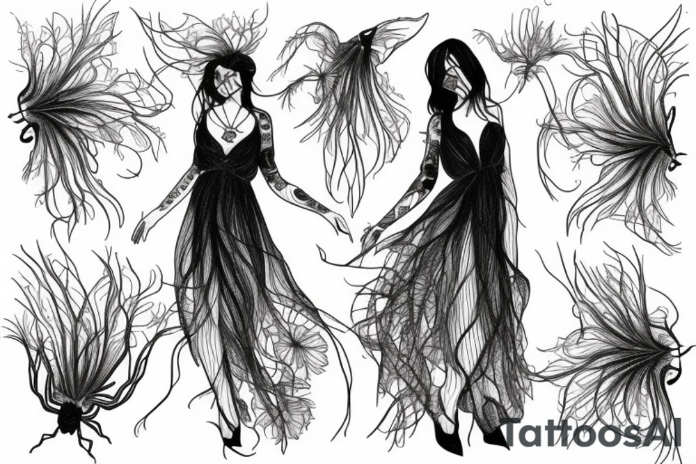 a woman in a long dress surrounded with red spider lilies tattoo idea