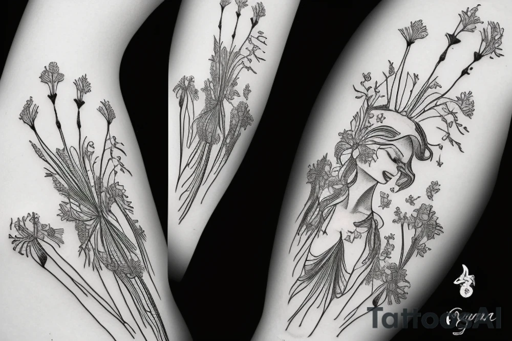 a woman in a long dress surrounded with red spider lilies tattoo idea