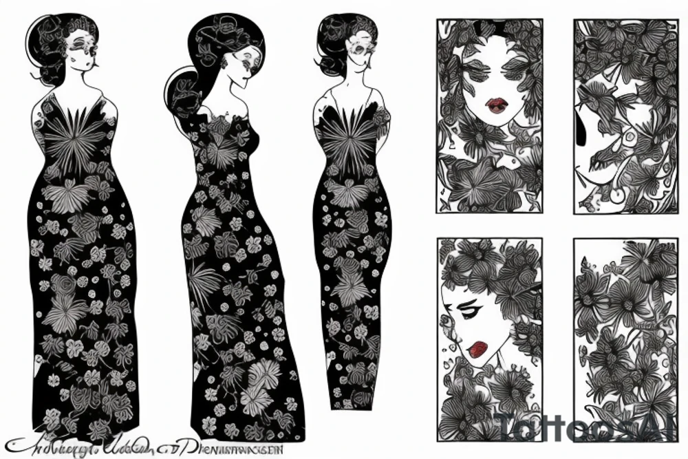 a woman in a long dress surrounded with red spider lilies tattoo idea