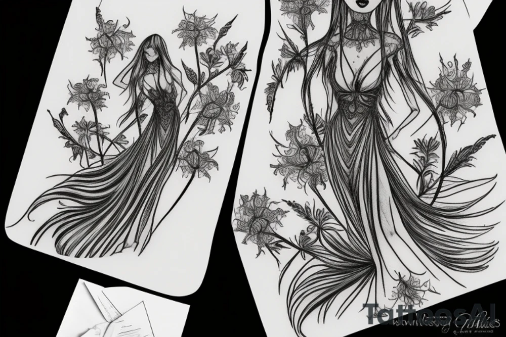 a woman in a long dress surrounded with red spider lilies tattoo idea