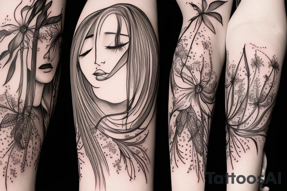a woman in a long dress surrounded with red spider lilies tattoo idea