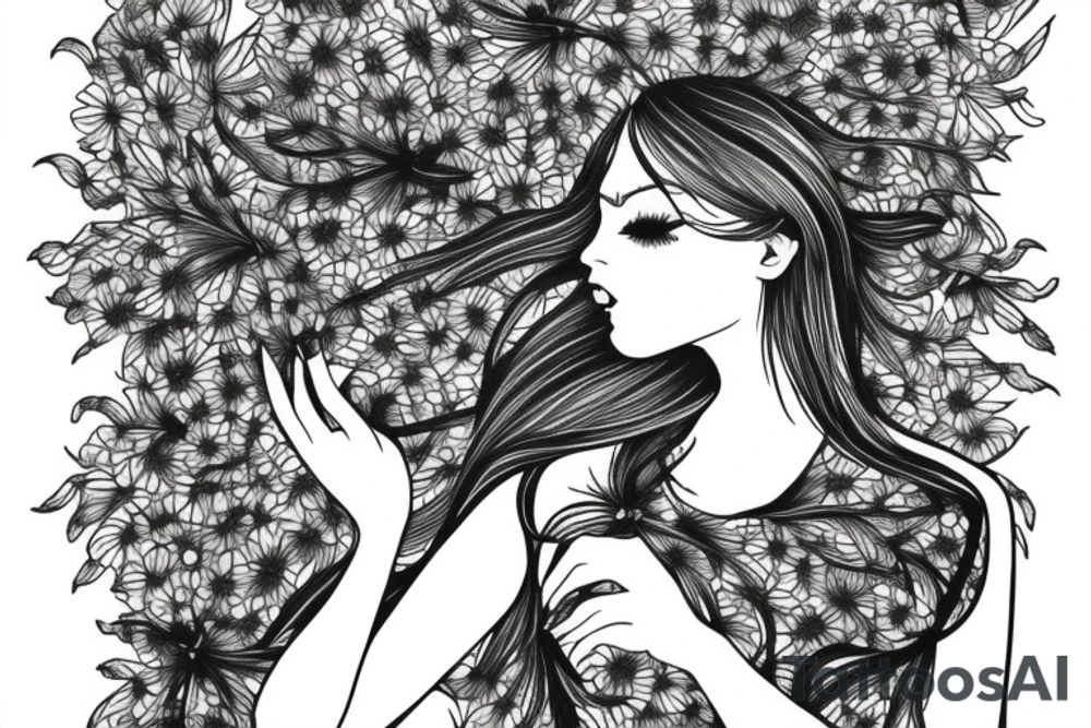 a woman in a long dress surrounded with red spider lilies tattoo idea