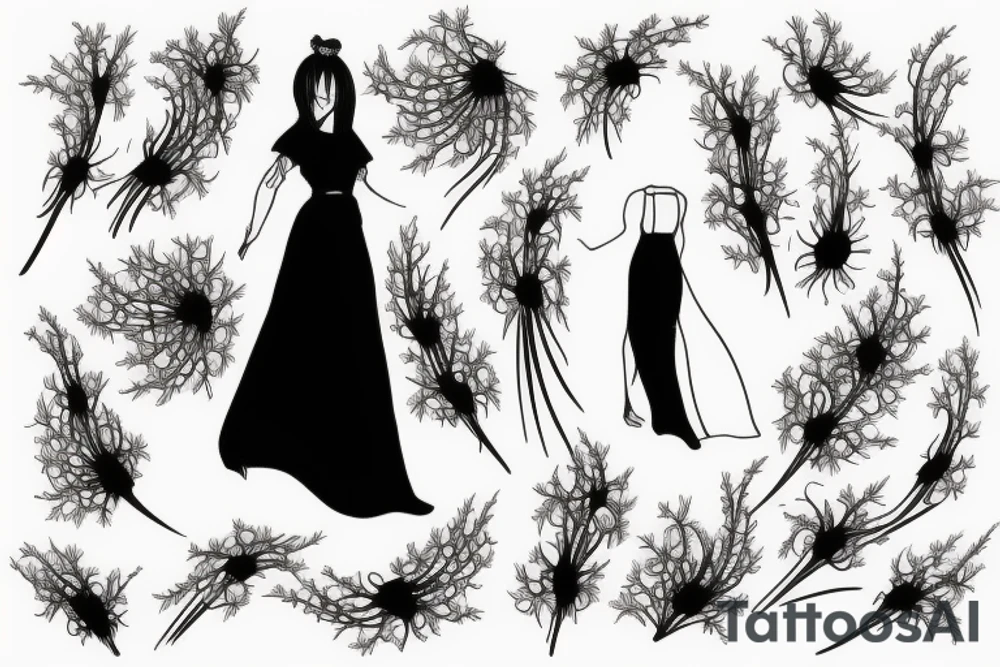 a woman in a long dress surrounded with red spider lilies tattoo idea