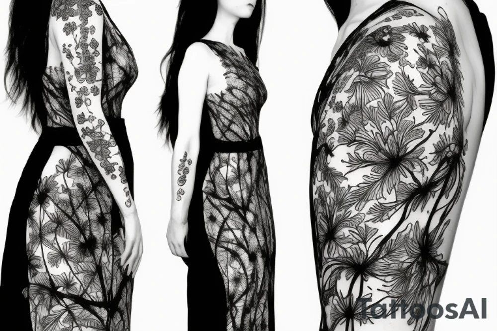 a woman in a long dress surrounded with red spider lilies tattoo idea