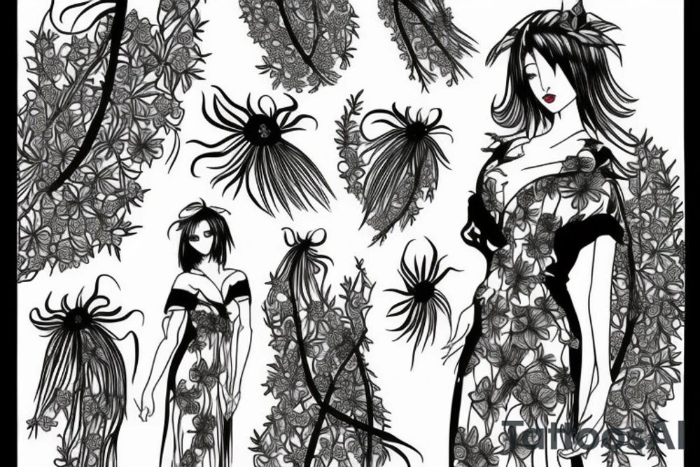 a woman in a long dress surrounded with red spider lilies tattoo idea