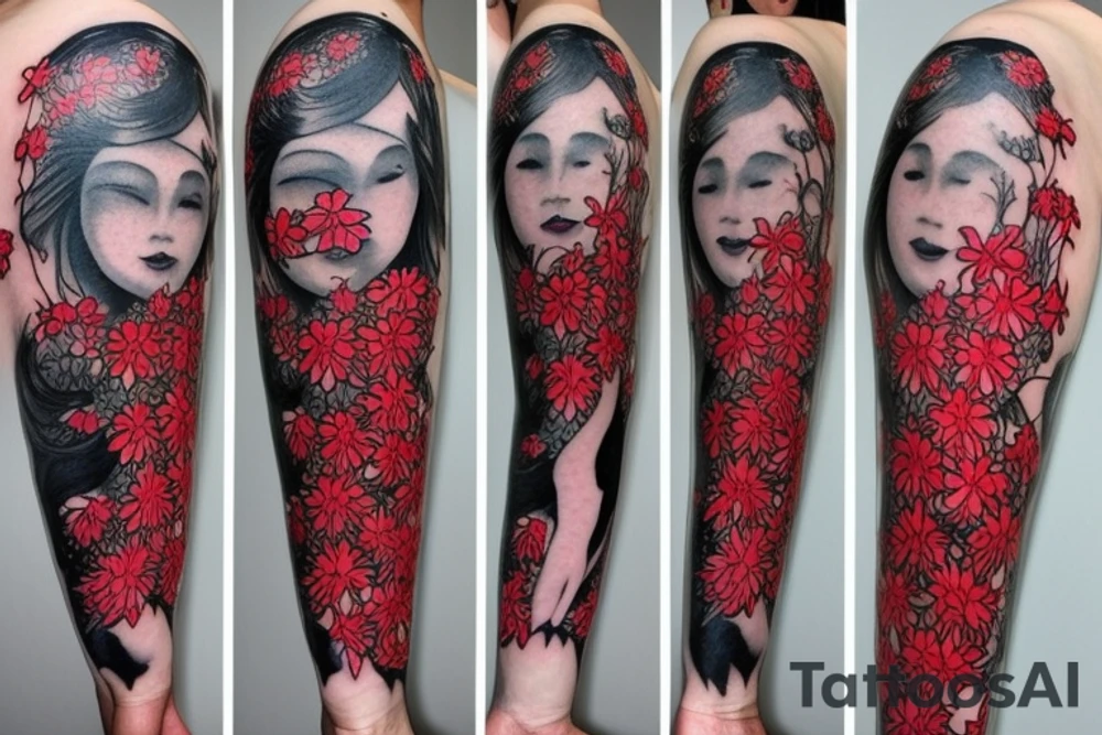 a woman in a long dress surrounded with red spider lilies tattoo idea