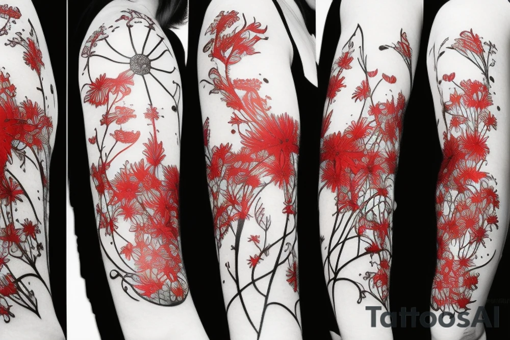 a woman in a long dress surrounded with red spider lilies tattoo idea