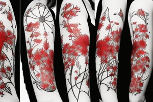 a woman in a long dress surrounded with red spider lilies tattoo idea