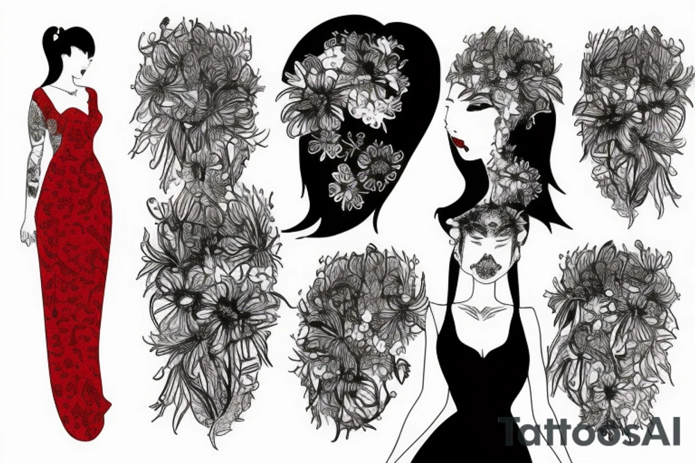 a woman in a long dress surrounded with red spider lilies tattoo idea