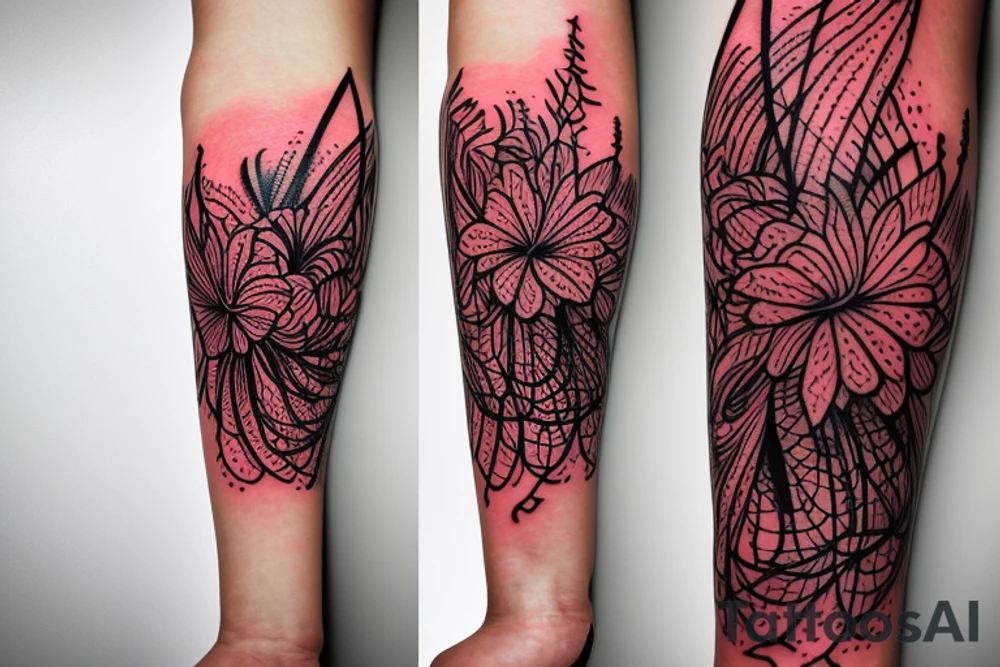 a woman in a long dress surrounded with red spider lilies tattoo idea