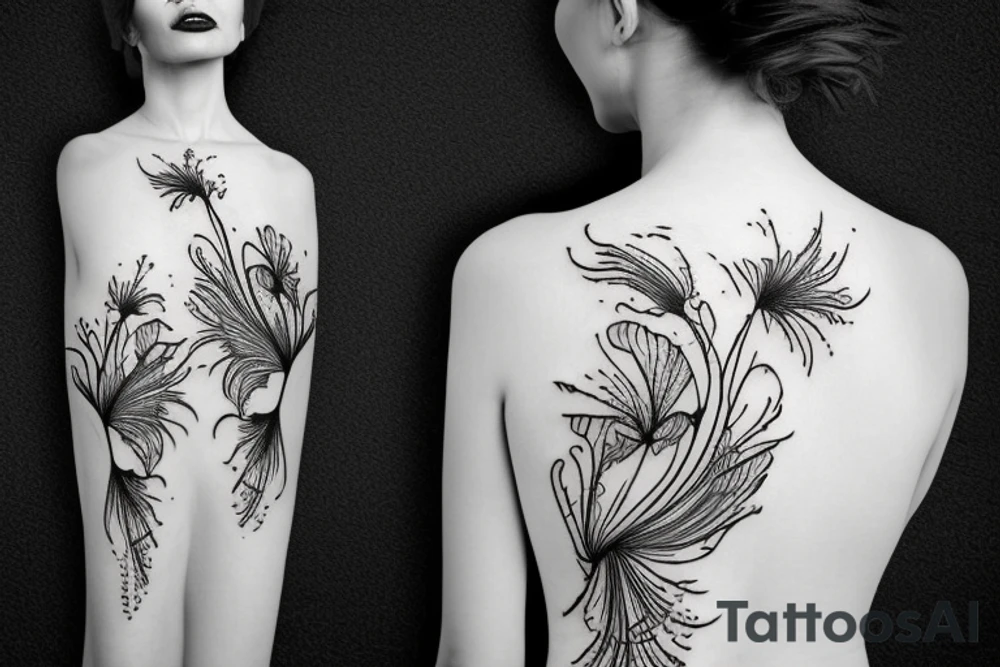 a woman in a long dress surrounded with red spider lilies tattoo idea