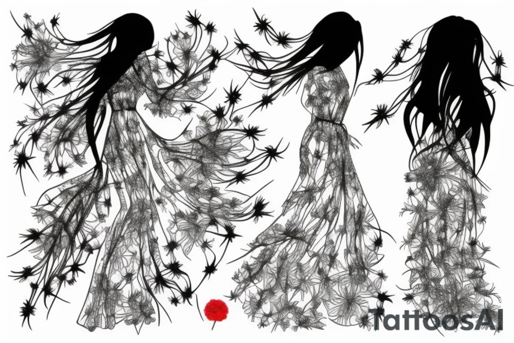 a woman in a long dress surrounded with red spider lilies tattoo idea