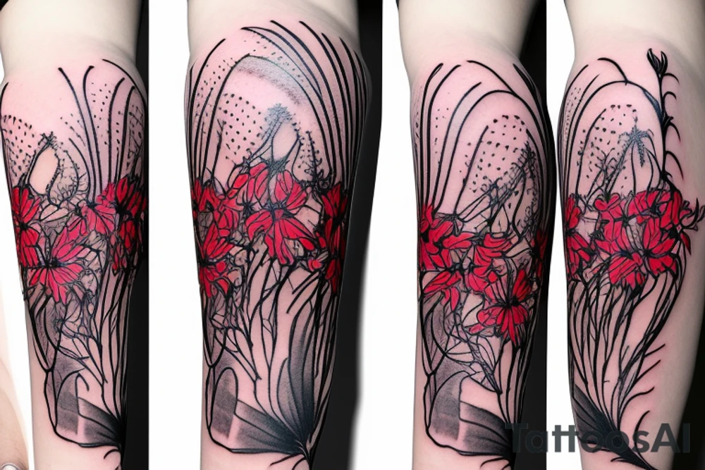 a woman in a long dress surrounded with red spider lilies tattoo idea