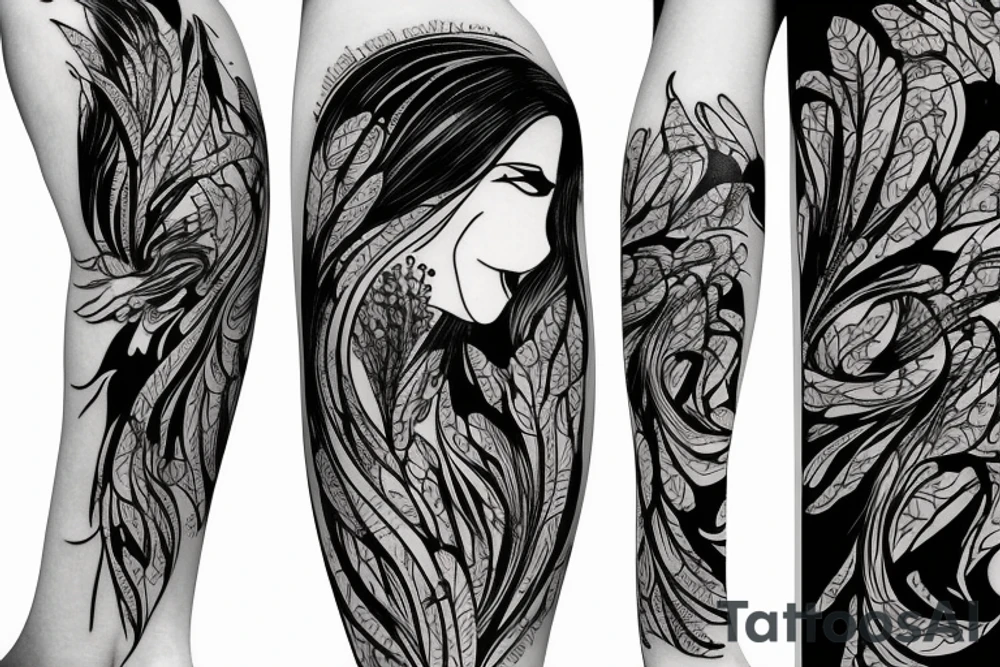 a woman in a long dress surrounded with red spider lilies tattoo idea