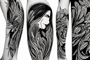 a woman in a long dress surrounded with red spider lilies tattoo idea