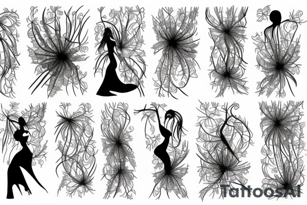 a woman in a long dress surrounded with red spider lilies tattoo idea