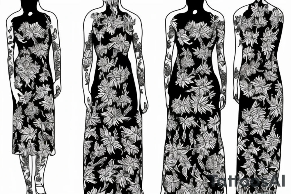 a woman in a long dress surrounded with red spider lilies tattoo idea