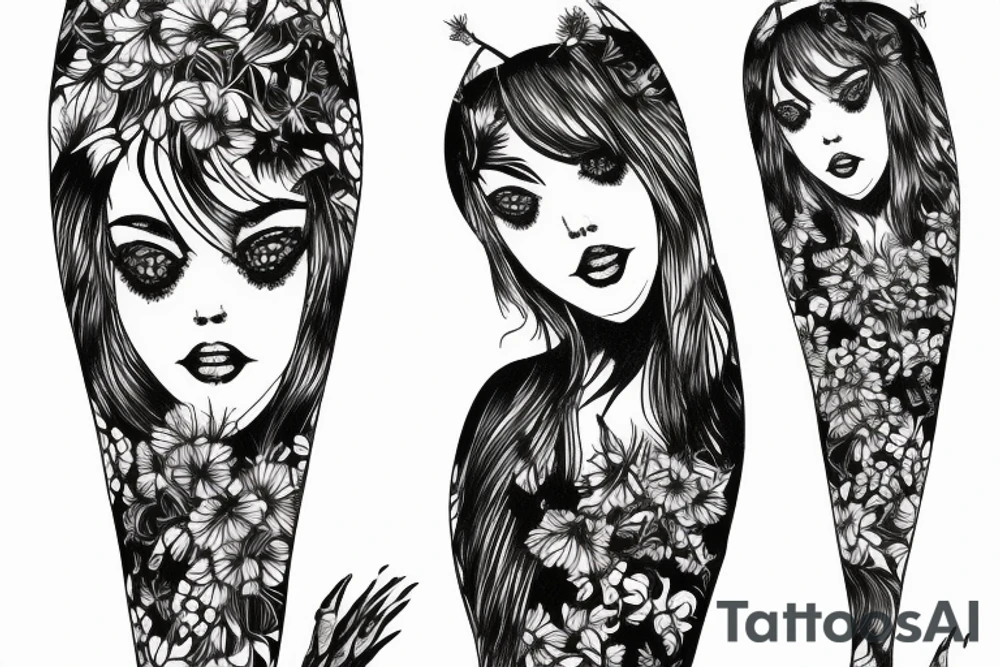 a woman in a long dress surrounded with red spider lilies tattoo idea